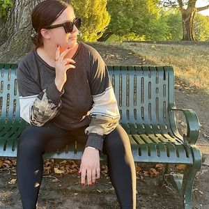 Grey Sweater with Camo Print on Sleeves | Size: Small